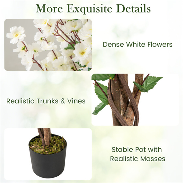 White Faux Plum Blossom Plant with Solid Wood Trunk-2