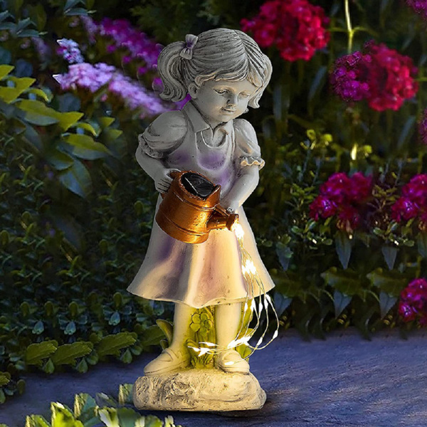 Solar Lights Outdoor Garden Ornaments - Waterproof Solar Lights Garden Ornaments, Little Girl Watering Garden Statues Outdoor,-5
