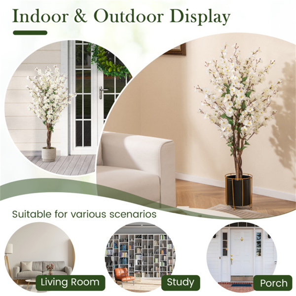 White Faux Plum Blossom Plant with Solid Wood Trunk-5