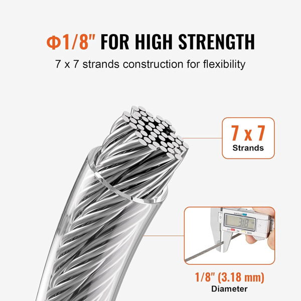 1/8英寸7x7钢丝绳，100英尺长，用于栏杆和支撑的高强度电缆，适用于各种应用的耐用结构（周末不发货，禁售亚马逊）-3