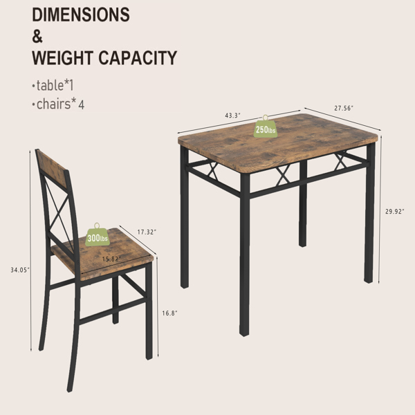Dining Table Set for 4, Wood Kitchen Table with Chairs Dinning Table Set for Kitchen & Dining Room, Compact Dining Set for Small Spaces, Rustic Brown -1