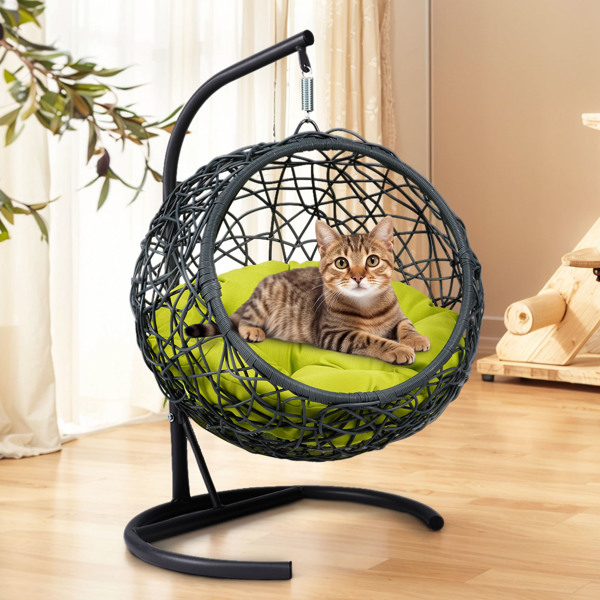 带支架和靠垫的猫秋千床，藤条外观的猫蛋椅，室内悬挂式秋千猫床，适合猫、小型犬和小动物，绿色-14