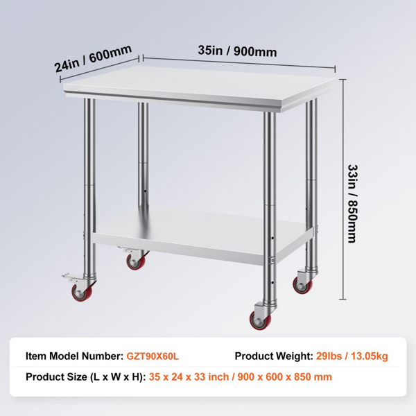 36x24 Inch Stainless Steel Work Table with 4 Wheels: Heavy-Duty Mobile Commercial Food Prep Worktable for Kitchen & Restaurant-7