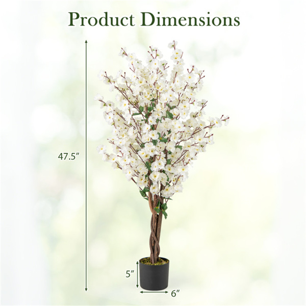 White Faux Plum Blossom Plant with Solid Wood Trunk-3