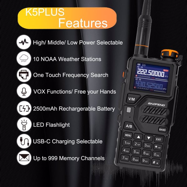 BAOFENG K5PLUS 10w Ham Radio Long Range (Upgraded of UV-5R) Portable Handheld Walkie Talkies Long Distance, Two Way Radio with Copy Frequency, AM,USB-C Charging, NOAA Weather Receiver for Hunting,-9