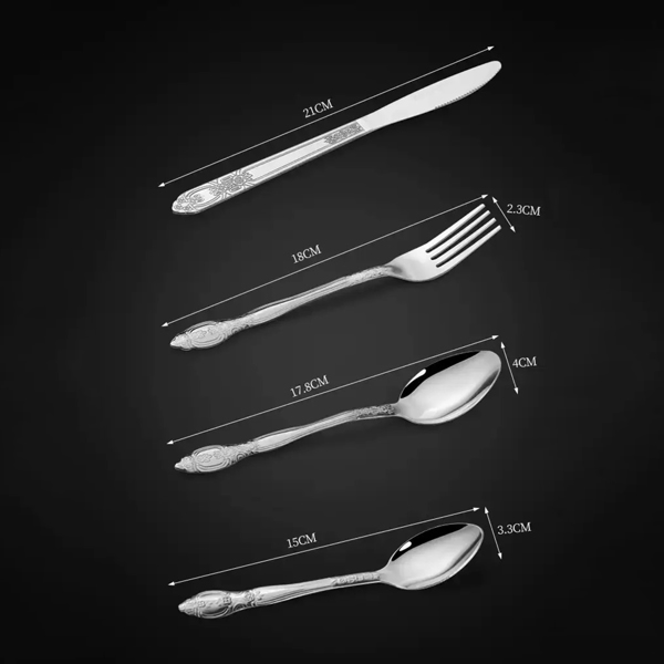 产品名称 : 家用豪华餐具套装 - 不锈钢餐具服务，包括 1 把餐叉、1 把餐刀、1 把餐勺和 1 把茶匙 - 耐用、优雅、防锈（USPS发货，支持自提）-6