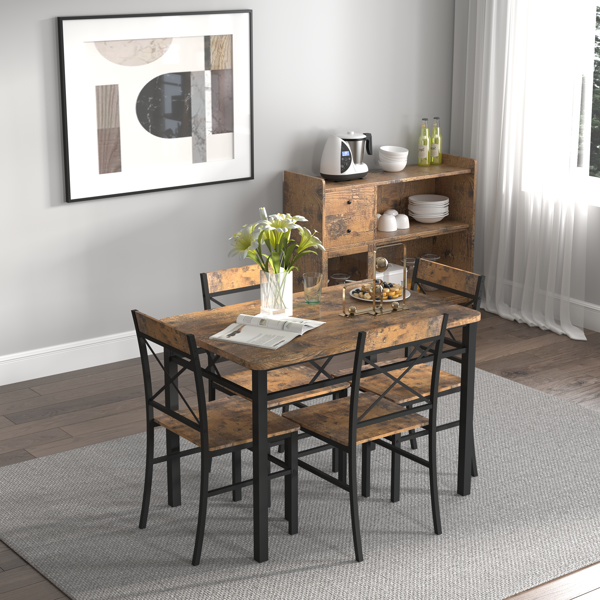 Dining Table Set for 4, Wood Kitchen Table with Chairs Dinning Table Set for Kitchen & Dining Room, Compact Dining Set for Small Spaces, Rustic Brown -4