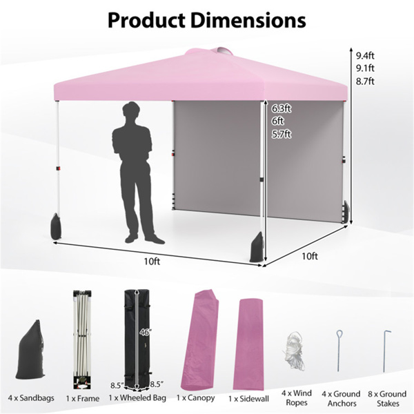 10 X 10英尺弹出式雨棚帐篷带轮式包和1个侧墙 - 粉色（amazon shipping-发货，WALMART禁止销售）周末不发货-4