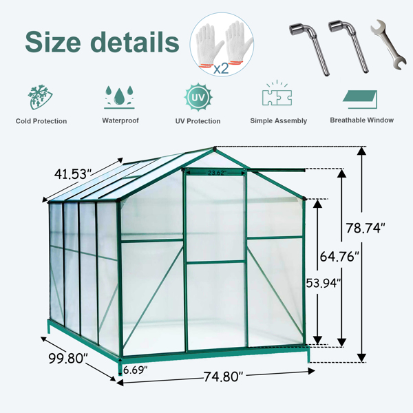 聚碳酸酯温室，6'x 8' 重型步入式植物花园温室，适用于后院/户外-3