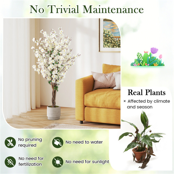 White Faux Plum Blossom Plant with Solid Wood Trunk-9