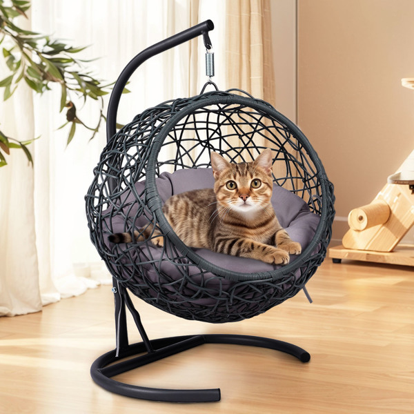 带支架和垫子的猫秋千床，藤条外观的猫蛋椅，适合猫、小型犬和小动物的室内悬挂式秋千猫床。灰色。-3