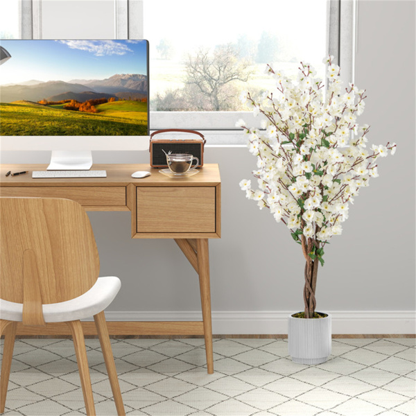 White Faux Plum Blossom Plant with Solid Wood Trunk-8