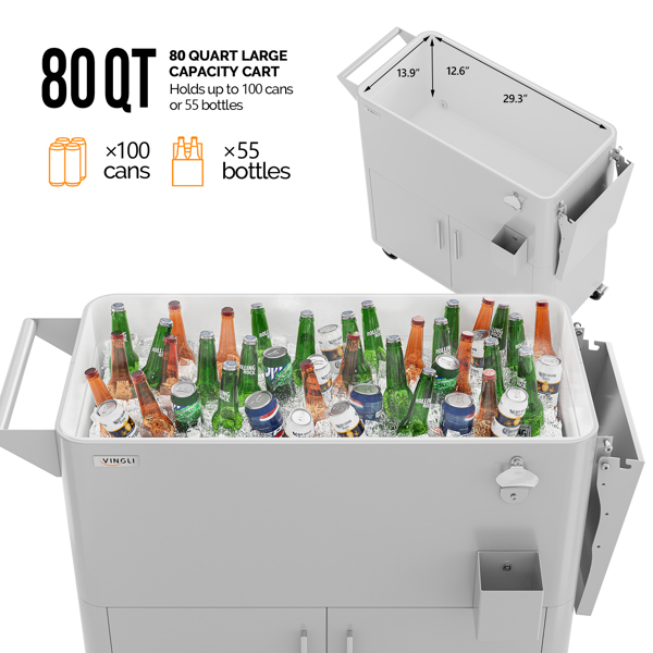 80QT  浅灰色  冷冻保温推车 120X39X82cm  塑料内箱 铁框架 带侧边桌板 带橱柜功能 -8