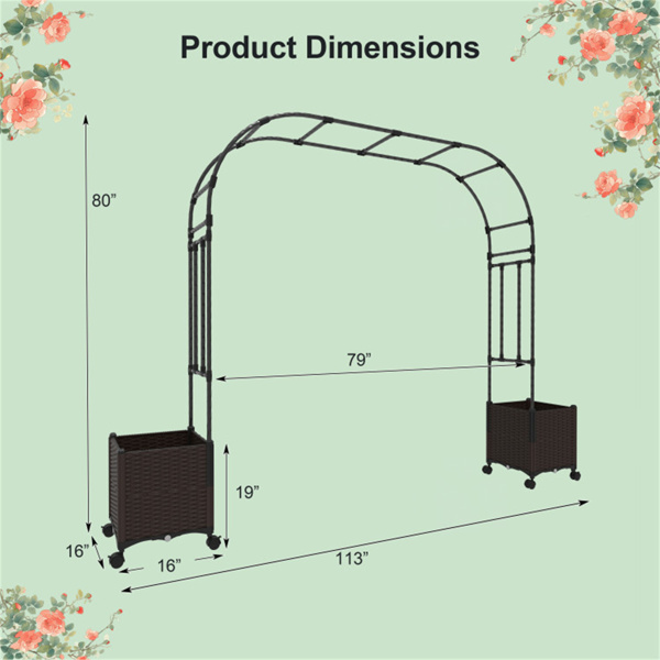 80" Garden Arch Trellis with 2 Planter Boxes and Lockable Wheels-2