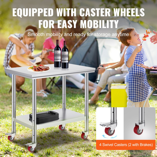 36x24 Inch Stainless Steel Work Table with 4 Wheels: Heavy-Duty Mobile Commercial Food Prep Worktable for Kitchen & Restaurant-4
