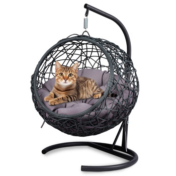 带支架和垫子的猫秋千床，藤条外观的猫蛋椅，适合猫、小型犬和小动物的室内悬挂式秋千猫床。灰色。
