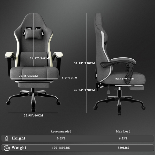Ergonomic Gaming Chair with Pocketed Spring Cushion, Breathable Fabric Computer Chair with Footrest, Adjustable Lumbar Support Video Game Chair for Adults,Grey-2