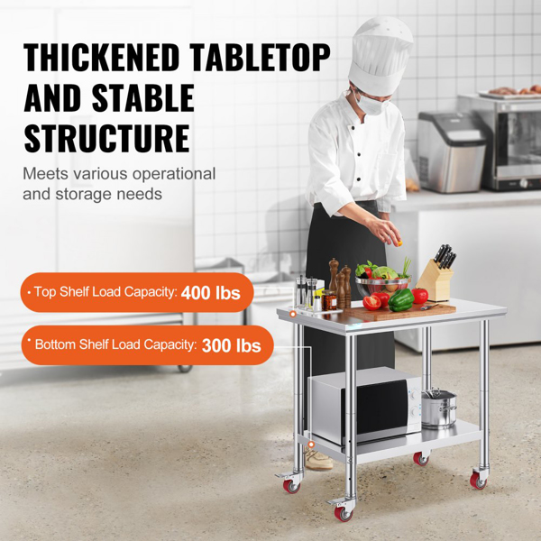 36x24 Inch Stainless Steel Work Table with 4 Wheels: Heavy-Duty Mobile Commercial Food Prep Worktable for Kitchen & Restaurant-3