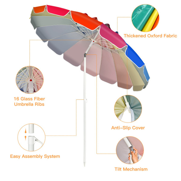   8 Ft Beach Umbrella With UV Protection – 16-Ribbed Windproof Frame-6