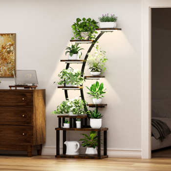 室内 9 层植物架，63.6 英寸高植物架，配有 5 个生长灯、可调节照明模式（5/3/2 灯）、10 级调光和 3 个定时器设置，节能，非常适合植物生长