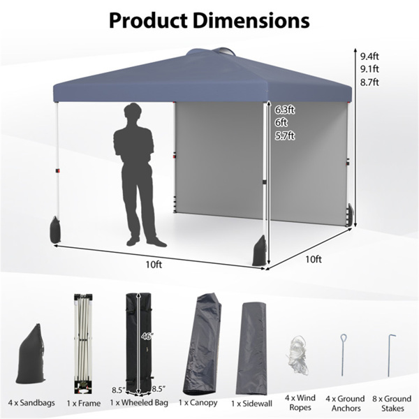 10 X 10 FT Gray Pop up Tent with Wheeled Bag and  1 Sidewall -2