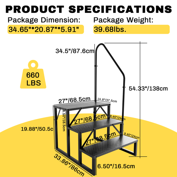 RV Step Stool, 3 Step Ladder, Hot Tub Steps with Handrail, Portable Pool Ladder, 660Lbs Heavy Duty Ladder Shelf Outdoor Mobile Home Stairs for Camper/Porch/SPA Pool/Pet Stairs-2