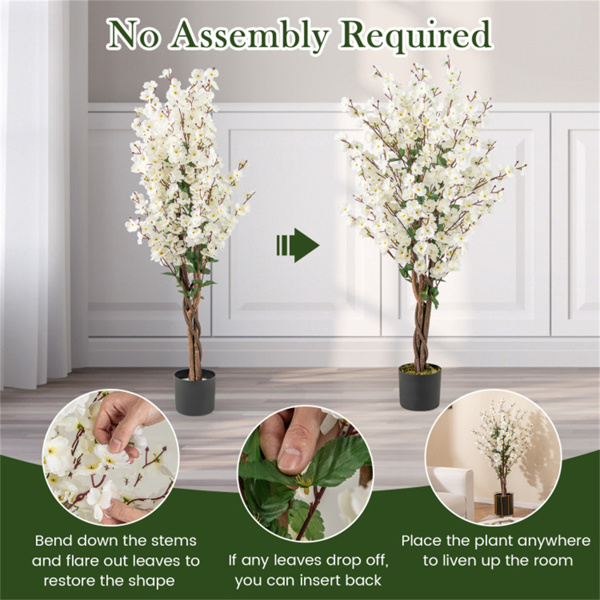 White Faux Plum Blossom Plant with Solid Wood Trunk-10