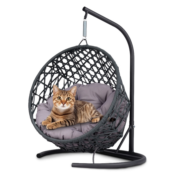 带支架和靠垫的猫秋千床，藤条外观的猫蛋椅，室内悬挂式秋千猫床，适合猫、小型犬和小动物，灰色-16