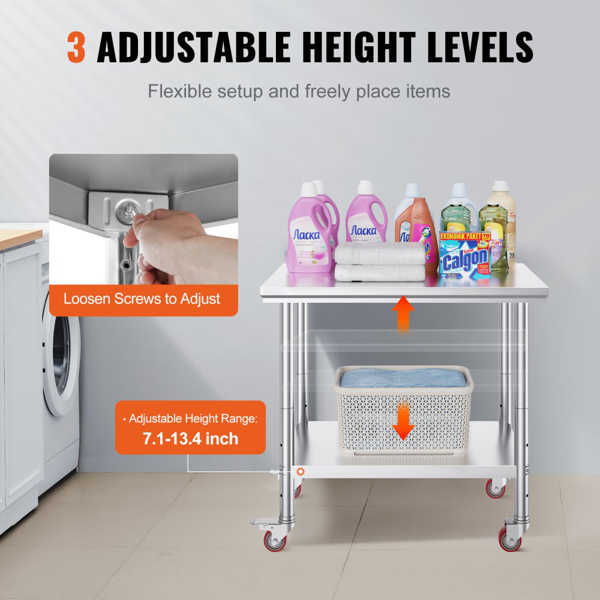 36x24 Inch Stainless Steel Work Table with 4 Wheels: Heavy-Duty Mobile Commercial Food Prep Worktable for Kitchen & Restaurant-5
