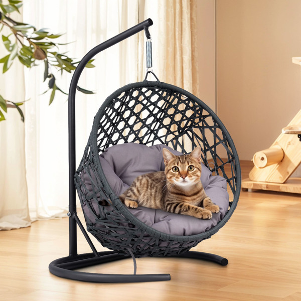 带支架和靠垫的猫秋千床，藤条外观的猫蛋椅，室内悬挂式秋千猫床，适合猫、小型犬和小动物，灰色-15