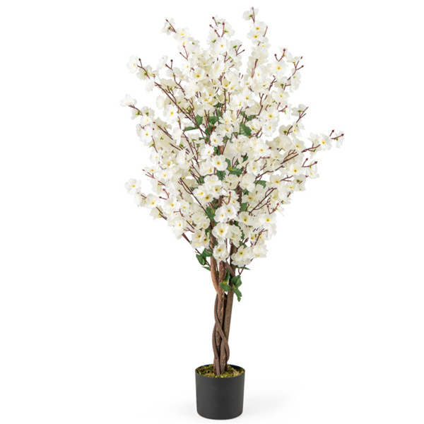 White Faux Plum Blossom Plant with Solid Wood Trunk-1