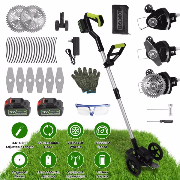 21V 电动除草机 充电式线绳修剪器 割草机 除草机 配备 16800RPM 2x 3000mAh 电池 3.6-4.6FT 长度 90° 可旋转角度锯片 钢制锯片 线绳锯片-1