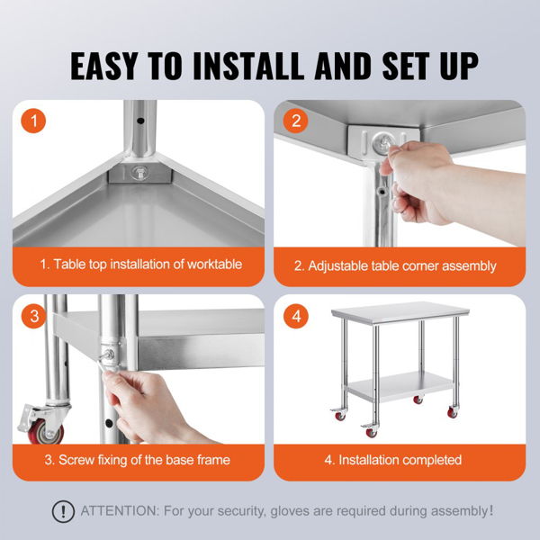 36x24 Inch Stainless Steel Work Table with 4 Wheels: Heavy-Duty Mobile Commercial Food Prep Worktable for Kitchen & Restaurant-6