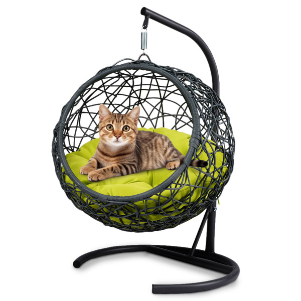 带支架和靠垫的猫秋千床，藤条外观的猫蛋椅，室内悬挂式秋千猫床，适合猫、小型犬和小动物，绿色-6