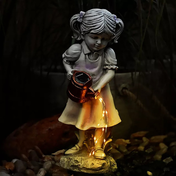 Solar Lights Outdoor Garden Ornaments - Waterproof Solar Lights Garden Ornaments, Little Girl Watering Garden Statues Outdoor,-3