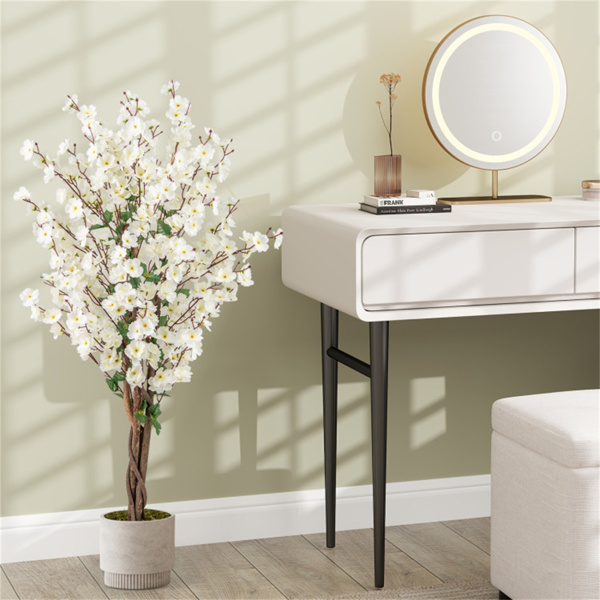 White Faux Plum Blossom Plant with Solid Wood Trunk-6