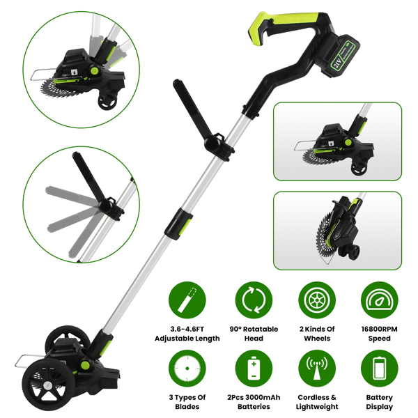 21V 电动除草机 充电式线绳修剪器 割草机 除草机 配备 16800RPM 2x 3000mAh 电池 3.6-4.6FT 长度 90° 可旋转角度锯片 钢制锯片 线绳锯片-11