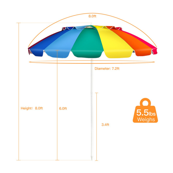   8 Ft Beach Umbrella With UV Protection – 16-Ribbed Windproof Frame-4