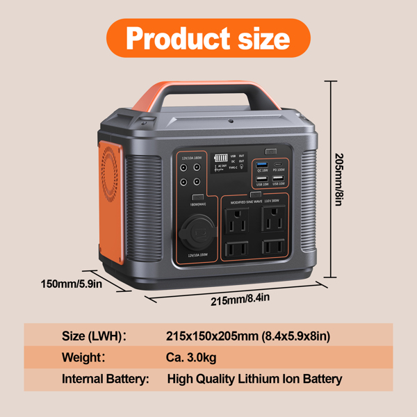 300W便携式电站，296Wh 80000mAh锂电池，带300W（600W峰值）交流插座，适用于户外露营房车、露营发电机、太阳能储能电源-7