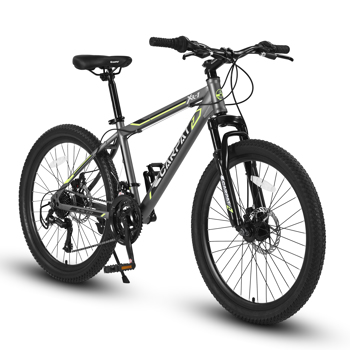 24 英寸山地自行车，男孩女孩适用，钢架，Shimano 21 速山地自行车，带双碟刹和前悬架