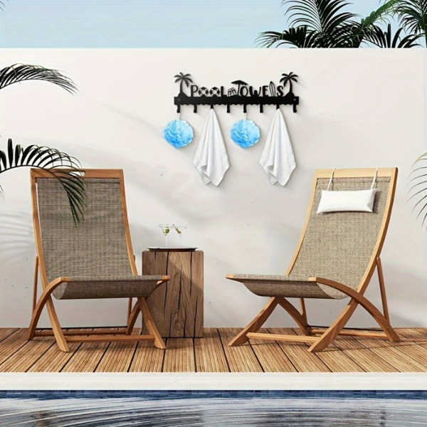 1 PC A very practical modern pool towel rack made of handmade iron with 8 hooks for storage, rust proof wall mounted spa beach decoration, black coating luxury vacation storage, adding a sense of deli-3