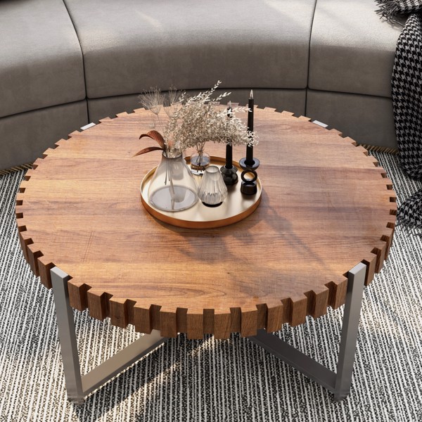 31.4-inch living room circular coffee table, modern natural wood grain handmade drum shaped coffee table, wooden coffee table, sturdy base coffee table -2