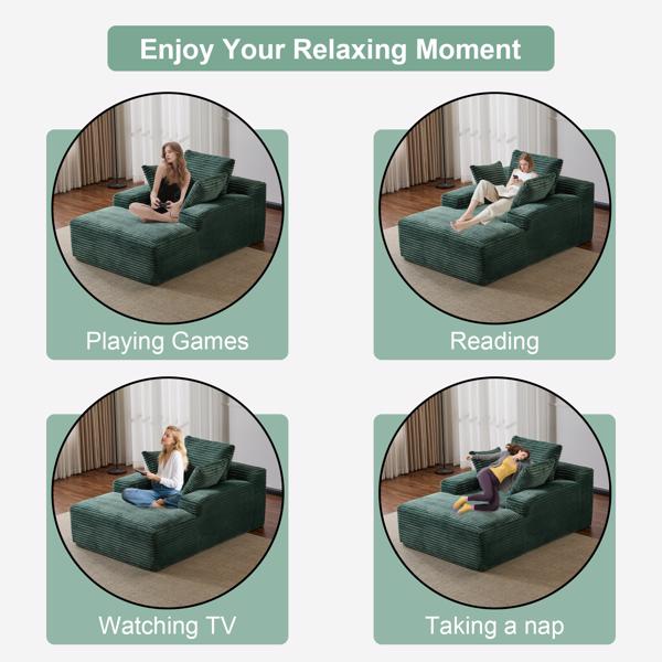 Oversized Chaise Lounge Chair Cozy Cloud Couch, Modern Plush Corduroy Upholstered Sleeper Sofa Daybed with 3 Throw Pillows and Wide Armrest for Living Room, No Assembly Required,Green-4