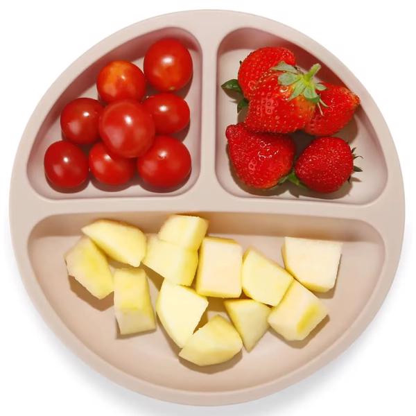 食品级硅胶防摔吸盘一体式儿童吃饭盘子 3件-餐盘灰蓝+墨绿+米色-5
