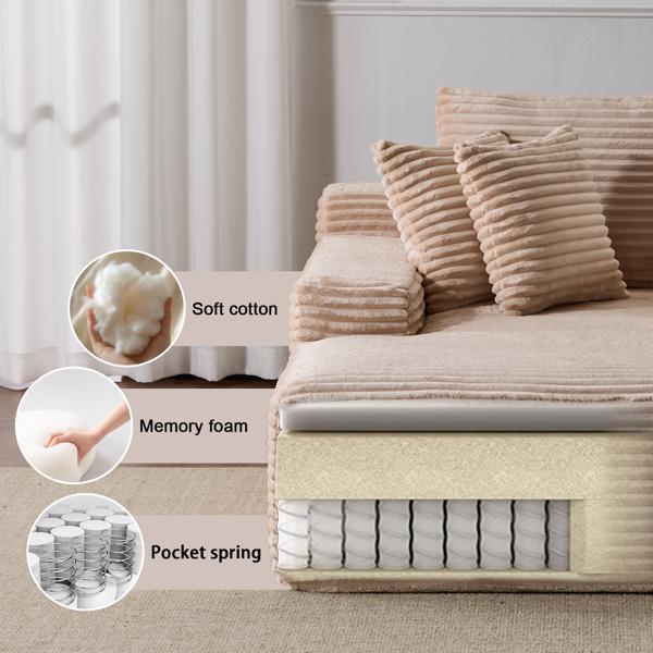 Oversized Chaise Lounge Chair Cozy Cloud Couch, Modern Plush Corduroy Upholstered Sleeper Sofa Daybed with 3 Throw Pillows and Wide Armrest for Living Room, No Assembly Required,Beige-6