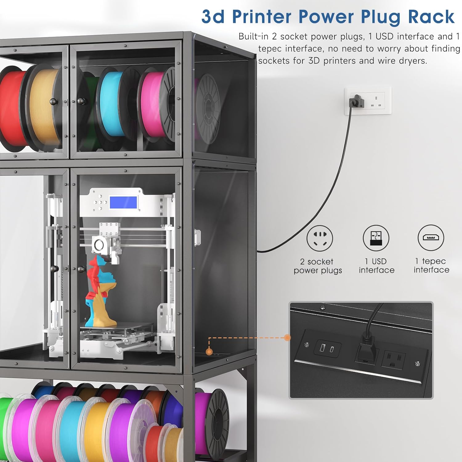3D Printer Cabinet with Double Layer 3D Printer Filament Storage Rack, T-Shaped Filament Bar & Noise-Reducing, Dust-Proof Design, Suitable for Studio, Office Storage and Organization