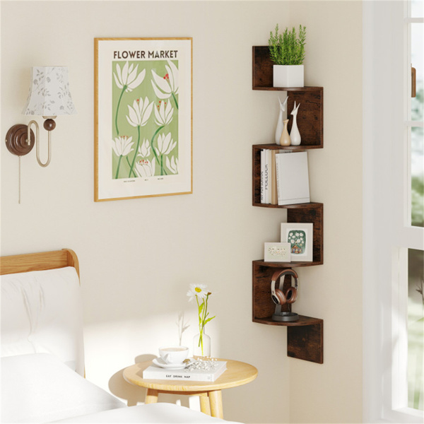 5-layer brown wall mounted corner stand/bookshelf-5