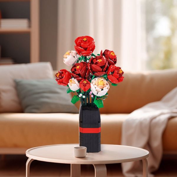 9朵玫瑰人造花DIY花束建筑套装818个零件，带花瓶装饰，适合儿童女儿女朋友男朋友妈妈-生日礼物-3