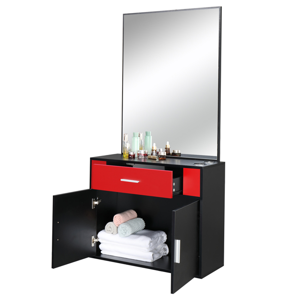 15% E0 chipboard linen top 1 drawer 1 door with mirror Salon cabinet black and red【Same code 89091188】-5