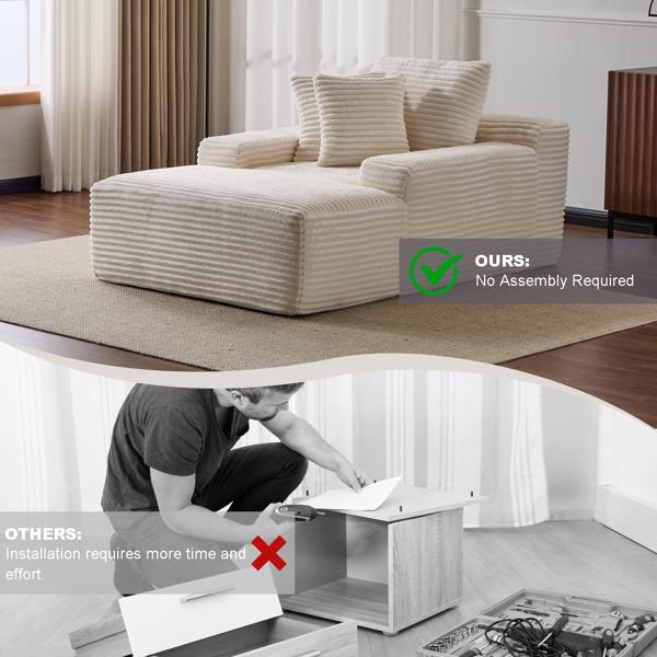 Oversized Chaise Lounge Chair Cozy Cloud Couch, Modern Plush Corduroy Upholstered Sleeper Sofa Daybed with 3 Throw Pillows and Wide Armrest for Living Room, No Assembly Required,White-8
